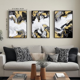 Zessonic Black and Gold Wall Art, Abstract Framed Canvas Print Modern Line Artwork for Living Room Bedroom Office, Set of 3 Panels, 16x24inch -Ready to Hang