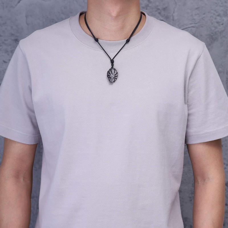 COAI Unisex Necklace with Nine-Tailed Fox Pendant, Nylon Silver Obsidian
