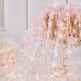 Rainbow Pink Tulle Fabric Rolls: 2 Yards 3D Butterfly Embroidery Fabric - DIY Cloth for Birthday Party Decorations