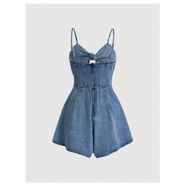 OYOANGLE Women's Vintage Bowknot Spaghetti Strap Denim Romper Sleeveless Wide Leg Jean Short Jumpsuits Light Wash X-Large