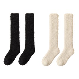 Ycfish 2 Pairs Wellie Socks Womens Wool UK 4-8, welly socks, Cotton Knit Stockings Socks,Warm Winter Thermal Socks,Long Cosy Thermal Ladies Socks for women Girls ladies(Black+white)