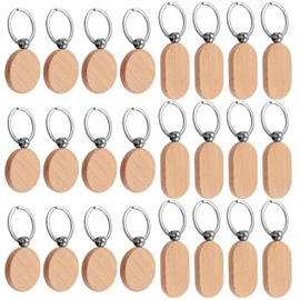 24 Blank Wooden Key Fob Blank Round Wooden Key Ring + Rectangular Key Ring DIY Blank Wooden Key Ring for Painting Decoration Gifts