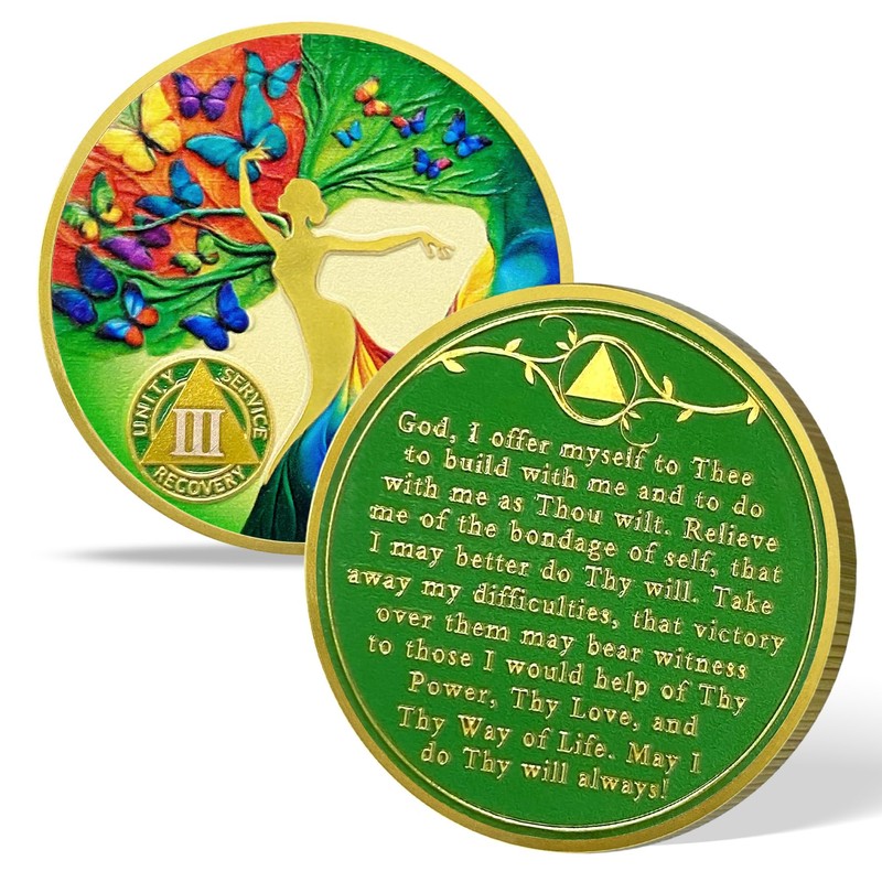 deDecoml Sobriety Token Vibrant Butterfly Tree Design with Inspirational Prayer
