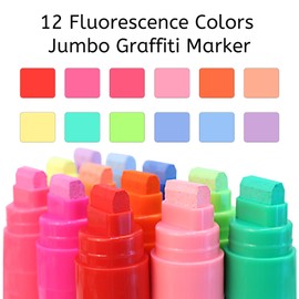 BIGTHUMB Jumbo Graffiti Poster Markers Set: 12 Neon Colors Large 15mm Wide Tip Permanent Ink Thick Acrylic Paint Pens for Rock Painting, Stone, Glass, Wood, Ceramic, Metal, Plastic, Fabric