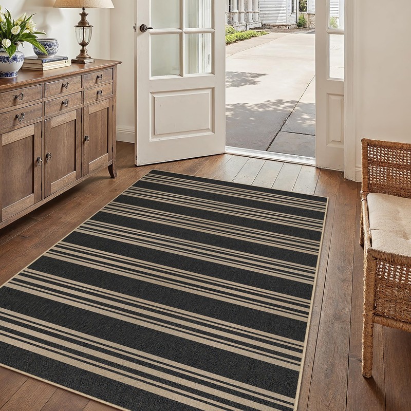 PureCozy Outdoor Rug 3x5 Washable Striped Jute Look Non Slip