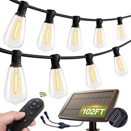 addlon 102(96+6) FT Solar String Lights Waterproof,Patio Lights Solar Powered with Remote & USB Port 3 Lighting Modes 30+2 LED Shatterproof Bulbs Outdoor Lights for Camping Backyard Garden