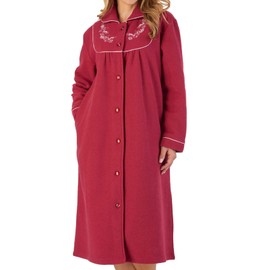 Slenderella Womens Button Up Dressing Gown Boucle Fleece Embroidered Housecoat Large (Raspberry)
