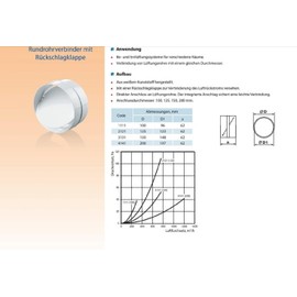 Round pipe connector with backflow flap, 125 mm, ventilation pipe, round pipe connector, exhaust air pipe, ventilation duct, PVC connector, check valve, ABS plastic, white, diameter 125 mm