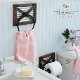 Autumn Alley Farmhouse Hand Towel Ring for Bathroom with Bracket - Bath Towel Rings Holder - Towel Rings for Bathroom Wall Mounted Decor Mix of Wood, Galvanized Metal & Black Rings