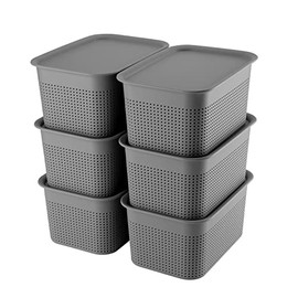 Plastic Storage Baskets With Lids Set of 6 Lidded Storage Organizer Bins Containers Baskets for Organizing Shelves Desktop Closet Playroom Classroom Office, 10.6X7.5X5.1 Inches, Grey