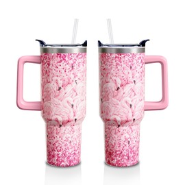 40 Oz Flamingo Tumbler with Handle and Lid Straw, Flamingo Stainless Steel Insulated Travel Cups Birthday Flamingo Lover Gifts for Women Girls (1PC)