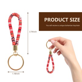 MUQIDA Bohemian Keychain, Handmade Boho Wristlet with Keyring, Hippie Woven Wrist Lanyard Cute Key Fob Holder for Women (Red)