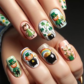 24Pcs St. Patrick Day Press on Nails Short Square Fake Nails with Shamrock Elf Colorful Rainbow Designs Gold Green Hat Four Leaf Clover Acrylic Nails False Nails Full Cover Stick on Nails for Women