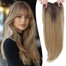 YKHJH Hair Topper,360° 3D Hair Toppers for Women with Thinning,7"X 8" Large Base 22 Inch Long Layered Synthetic Hair with Bangs for Daily Use (Ombre Blonde with Dark Root)
