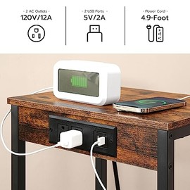 HOOBRO HOOBRO Tall End Table with Charging Station and USB Port, 30 Inch Small Tall Side Table, Slim Nightstand for Living Room, Bedroom, Hallway, Rustic Brown BF09UDH01