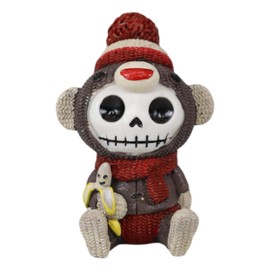 Ebros Furry Bones Knitted Sock Monkey with Beanie Wool Pom Hat and Banana Skeleton Figurine 3" H Furrybones Ape Monkeys Costume Hooded Voodoo Skeletons Skulls Macabre Collectible Sculpture