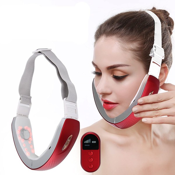 Electric Facial Slimming Massager, EMS Wireless V-Line Face Massage Strap Face Lifting Machine with Red and Blue LED Light, Tighten Skin Rejuvenation