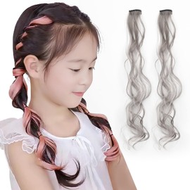 PUREAMBER Children's Extensions, Dance, Children's Extensions, Seal Extensions, One-touch Extensions, Color, Hair Extension, Curly Hair, Recitals, Events (Set of 2) (Silver Gray)