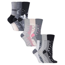 Gentle Grip 9 Pair Multipack Ladies Cotton Crew Non Elastic Socks Womens Soft Top Striped Patterned Non Binding Socks (4-8, Grey Mix)