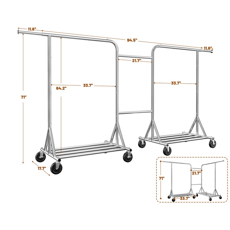 Raybee Heavy-Duty Clothes Rack, 117" W Rolling Rack with Wheels,