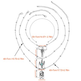 Western Cowgirl Necklace, Silver Multilayer Imitation Turquoise Bull Head & Cowboy Hat Chain Necklace Retro Boho Jewelry for Women Country Concert Rodeo Outfit Accessories
