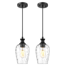 Audickic 2-Pack Pendant Lights Kitchen Island, Black Hanging Lights Fixtures with Hand-Blown Hammered Clear Glass, Farmhouse Kitchen Island Lighting Over Sink, AD-24027-1P2-BK