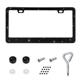 BWBWND Bling License Plate Frame, Sparkly Bedazzled Auto Tag Holder with Mounting Kit, Handcrafted Crystal Stainless Steel Licence Plate Cover for Women Girls, Car Accessories (Black)