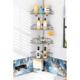 HAMITOR Shower Caddy Tension Pole: 4-Tier Rustproof Bathroom Corner Shelf Organizer for Renter - No Drill Large Shampoo Storage Rack - Adjustable 47-121" - Space Saving Bathtub Accessory - Silver Gray
