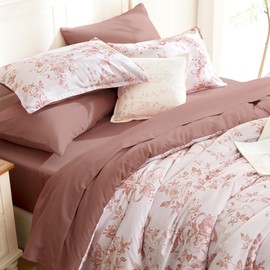 Andency Floral Comforter Set Queen Size, 7 Pieces Pink Flower Lightweight Bedding Set for All Seasons, Soft Vintage Bed in a Bag with Comforter, Sheets, Pillowcases & Shams