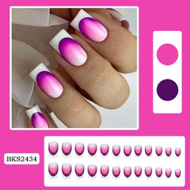 Press on Nails Square Medium French Tips Glossy Full Cover Acrylic Square False Nails with Purple Gradient Designs Artificial Short Coffin Fake Nails Glue Stick on Fingernails for Women Girls