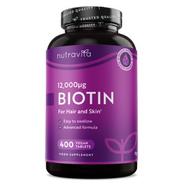 Biotin Hair Growth Supplement 12000mcg - 400 Vegan High Strength Biotin Tablets (1+ Year Supply) - High Absorption Vitamin B7 Biotin Tablets for Hair - Supports Skin & Hair Growth - Nutravita