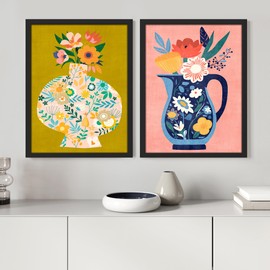 SIGNWIN Framed Sunflower Colorful Flower Vase Wall Art, Set of 2 Floral Botanical Wall Décor Prints, Nature Wilderness Wall Décor for Living Room, Bedroom - 12"x16" Black