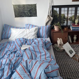 mixinni Vintage Striped Blue Duvet Cover Full - 100% Cotton Red Stripes 3-Piece Bedding Duvet Cover Set with Zipper Closure, Soft & Breathable Retro Design for All Seasons (Full Size)