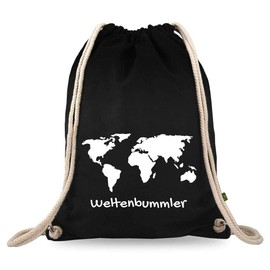 Turnbeutelliebe® Gym Bag with Saying "Weltentdecker" [German Language] Various Motifs Cotton Black Sports Bag Backpack Approx. 12 Litres 37 x 46 cm, World map globetrotters