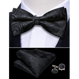 Barry.Wang Cummerbund Bow Tie Set for Men, Silk Cummerbund Pretied Bow Tie Pocket Square Cufflinks