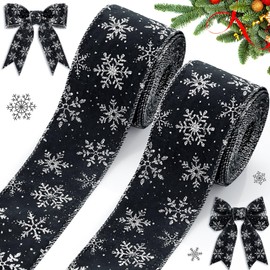Unittype 2 Rolls/ 20 Yards Christmas Velvet Wired Ribbons with Snowflake Pattern 2.5'' Wide Xmas Craft Gift Wrapping Ribbon for Christmas Tree Wreath Decoration DIY Bows Supplies(Black)