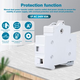 GEYA Switch 1P 63A Load Disconnect Dual Power Manual Transfer Isolating Switch AC 240V Manual Transmission Disconnect Switch Manual Double Power Transfer Disconnect Switch DIN Rail Mounting