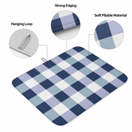 Classic Blue White Modern Buffalo Plaid Dish Drying Mats for Kitchen Counter,Absorbent Microfiber Dish Drainer Rack Mat Nautical Geometric Lattice Drying Pad for Sinks,Utensils,Countertops,16x18in