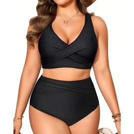 Tempt Me Black Plus Size Two Piece Bikini - Women High Waisted Swimsuits Bathing Suit Swimwear 14 Plus