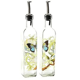 DUSVALLY Olive Oil Bottle Dispenser, Oil and Vinegar Bottles Set, Hand Painted Glass Dispenser Oil Bottle with Leak Proof Olive Oil Carafe for Kitchen, 17 Oz, 2 Pack