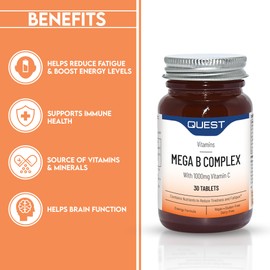 Quest Mega B Complex (30 Tablets) - Vitamin B Complex with 1000mg Vitamin C per Tablet. Nutrients & Vitamins to Reduce Tiredness & Fatigue. Supports Energy & Concentration Levels.
