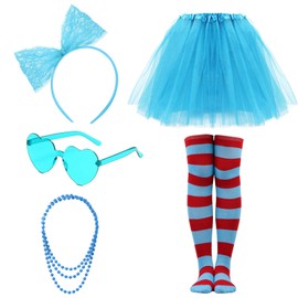 Women Blue Tutu Costume Accessories Set 4 Layered Tulle Tutu Skirt Heart Sunglasses Bow Headband Necklace and Striped Stocks Sets for Women Cosplay Party Costume Supplies