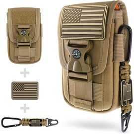 Tactical Molle Phone Pouch with Compass Buckle, Tactical Phone Holster Molle Cell Phone Pouch Universal Belt Waist Bag for IP 15/14/13 Pro Max / S22/S21 with Patch & Paracord Keyring Clip - Color: Khaki