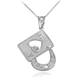 Sideways Crosses 925 Sterling Silver Ace of Hearts with Lucky Horseshoe Pendant Necklace, 18"