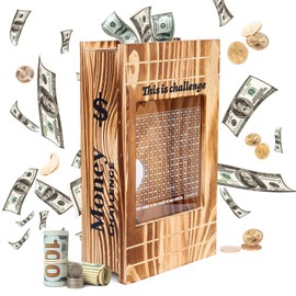JIZWPOOM $10000 Savings Challenge Box, Wooden Money Box for Cash, Saving Money Box for Adults, Coin Bank Money Bank Piggy Bank for Girls Boys