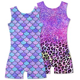 Taubow 2 Packs Gymnastics Leotards for Girls Size 5 6 Kids Biketard with Shorts Dance Leotard Gradient Purple Mermaid Leopard Unitard