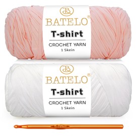 BATELO 2 Pack T-Shirt Yarn Crochet Yarn for Beginner Crochet Bags/Basket/Coaster,Tshirt Yarn 400g/144yds High Elastic Thick Yarn Polyester Fabric（White+Light Pink）