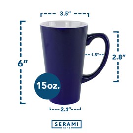 Serami 15oz Cobalt and White Funnel Ceramic Tall Coffee Mugs with Large Handles, Set of 2