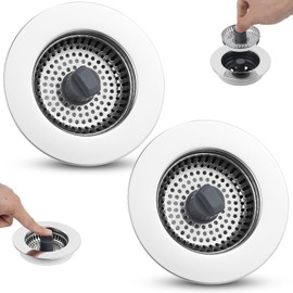 Stainless Steel Kitchen Sink Drain Strainer Stopper, 3-in-1 Sink Stopper Strainer for Standard 3-1/2 Inch Kitchen Sink, Chrome-plated Shell with 304 Stainless Steel Mesh Strainer Basket