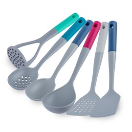 Met Lux Silicone Utensil Set, 1 Nylon Head Cooking Utensil Set - 6 Pieces Per Set, High-Heat Tolerance, Gray And Assorted Nylon Kitchen Utensils, For No-Stick Cookware - Restaurantware